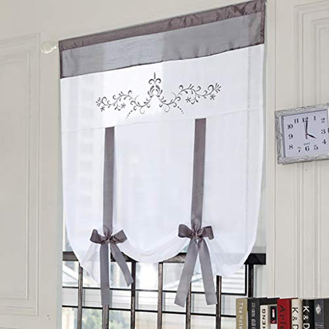 SIMPVALE 1 Piece Voile Tie up Curtain - Sheer Roman Blind Shade - Embroidery Curtains Tulle Panels Window Cover for Bedroom Study Bathroom Kitchen