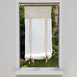 SIMPVALE Tulle Roman Blinds Shade - 1 Piece Embroidery Splicing Curtain With Rod Pocket - Voile Tie up Lifting Curtains, For Study, Bedroom, Bathroom, Kitchen