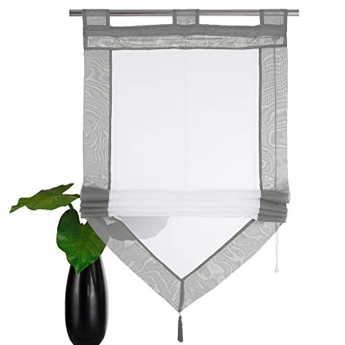 SIMPVALE - Roman Blind for Kitchen Bathroom Balcony - Liftable Transparent Voile Window Curtain with Tassel Decoration