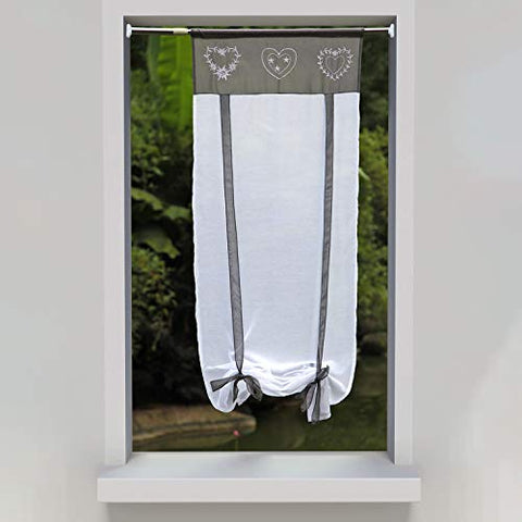 SIMPVALE Tulle Roman Blinds Shade - 1 Piece Embroidery Splicing Curtain With Rod Pocket - Voile Tie up Lifting Curtains, For Study, Bedroom, Bathroom, Kitchen