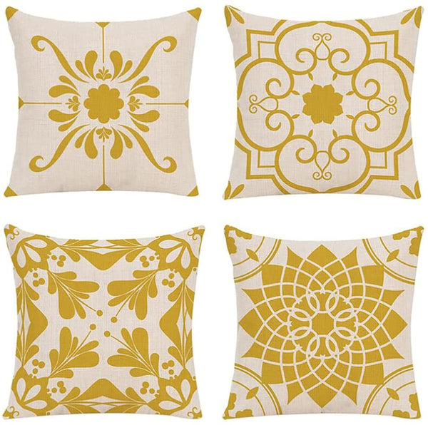 Set of 4 Throw Pillow Covers Classic Geometric & Flower Patterns 18 x 18 inch