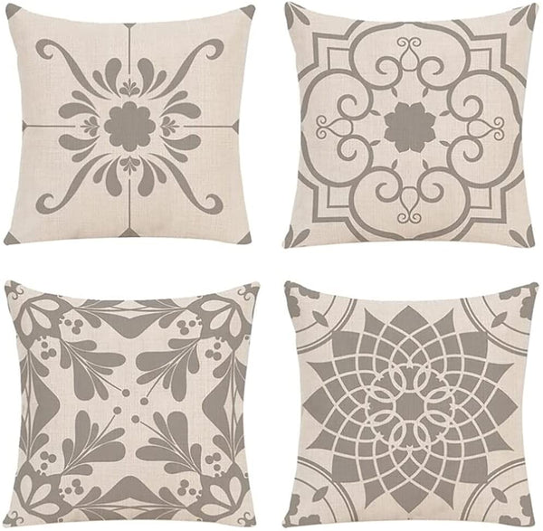 Set of 4 Throw Pillow Covers Classic Geometric & Flower Patterns 18 x 18 inch