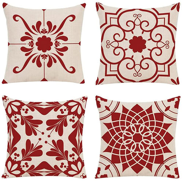 Set of 4 Throw Pillow Covers Classic Geometric & Flower Patterns 18 x 18 inch