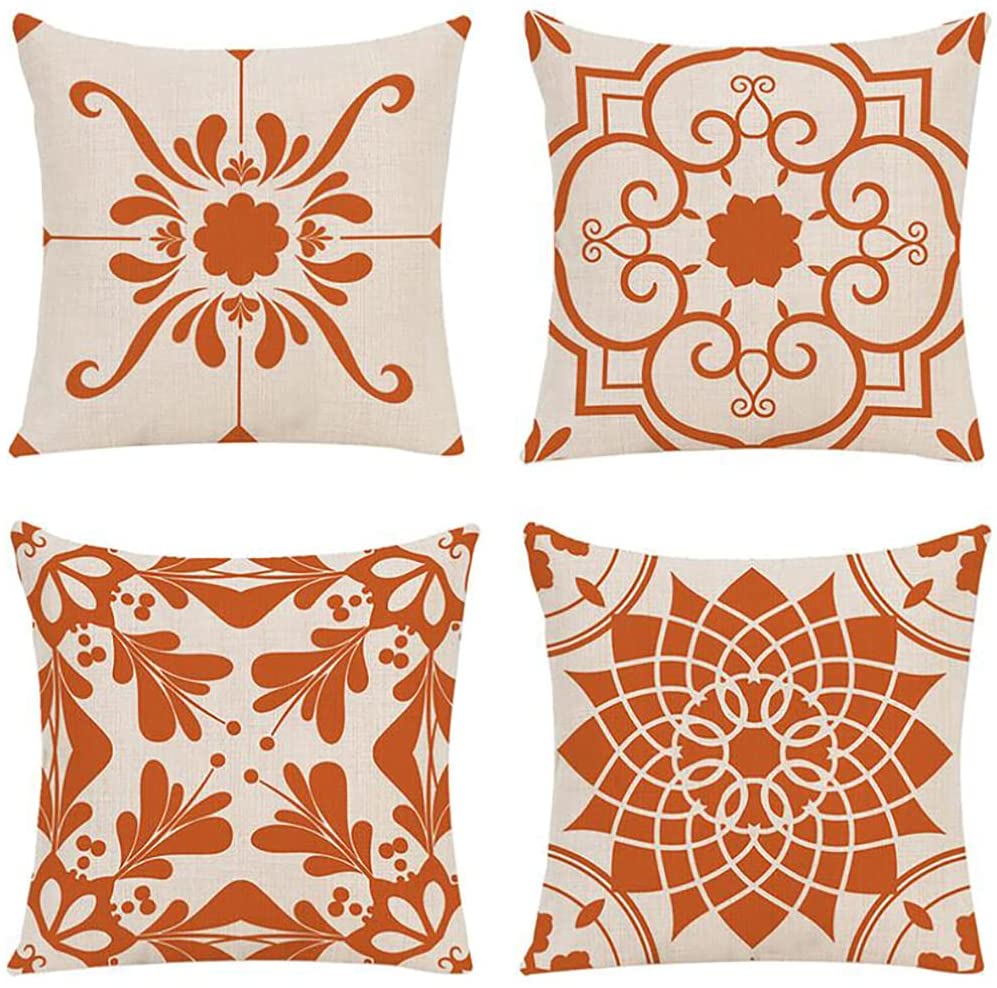 Set of 4 Throw Pillow Covers Classic Geometric & Flower Patterns 18 x 18 inch