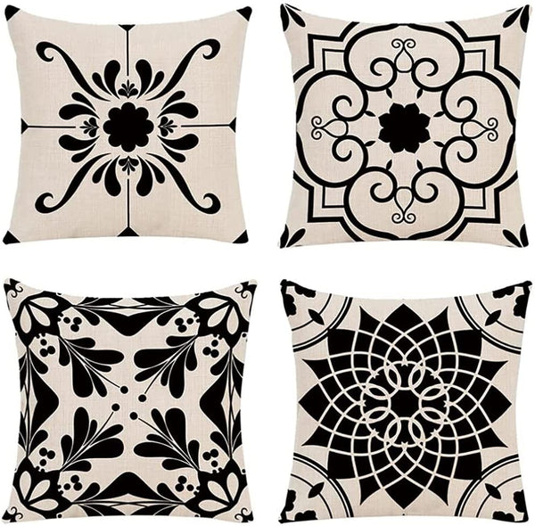 Set of 4 Throw Pillow Covers Classic Geometric & Flower Patterns 18 x 18 inch